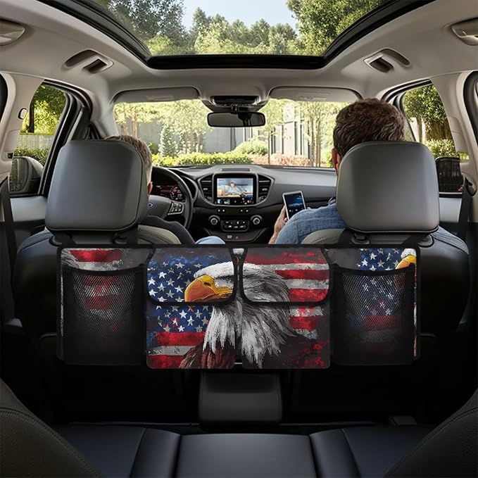 Dreaweet American Flag Bald Eagle Trunk Organizer for Car with Pockets Collapsible Trunk Organizer for SUV Trucks Sedan Van Patriotic Car Accessories Interior Back Seat Hanging Storage Organizers