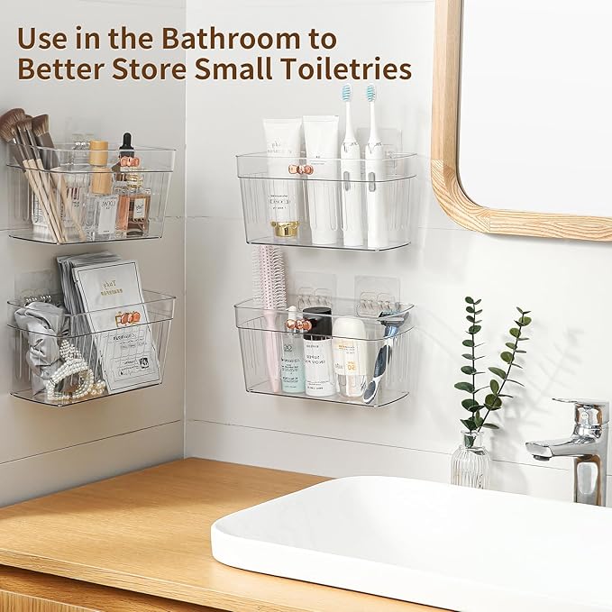 2 Pack Clear Acrylic Small Wall-Mounted Storage Baskets with Adhesive, No Drilling, Hanging Wall Mount Storage Bins for Kitchen, Pantry, Bathroom, RV