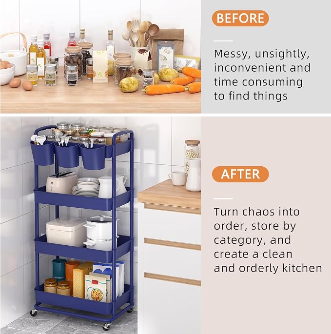 4-Tier Plastic Rolling Storage Cart Utility Cart Blue | Utility Cart with Extra Hanging Cups Arc-Shaped Handles Lockable Wheels for Living Room Bathroom Kitchen Office