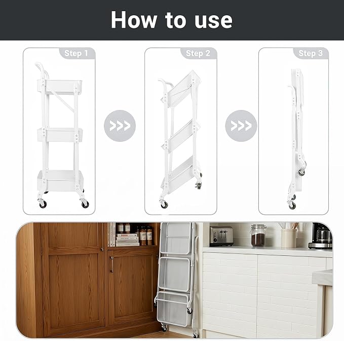 Amatic 3-Tier Folding Rolling Utility Cart with Wheels, Foldable Storage Cart Organizer with 3 Hanging Cups & 6 Hooks for Kitchen, Office, Living Room, Nursery(White)