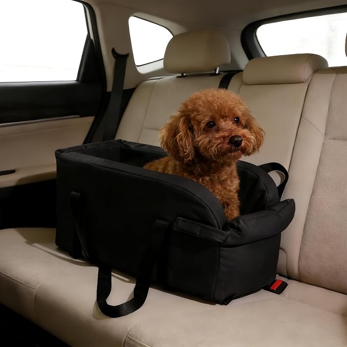 Center Console Dog Car Seat for Pets Up to 9 lb, Black | Water-resistant faux leather; 16.41 x 7.87 x 8.66 in; pets up to 11 in long. Measure your console before purchase.