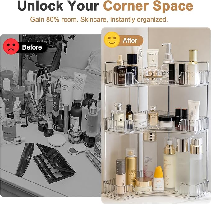 Corner Bathroom Counter Organizer, Vanity Organizer - Countertop Corner Shelf for Makeup Storage,Spice Racks for Kitchen Corner (Clear, 3-Tier)