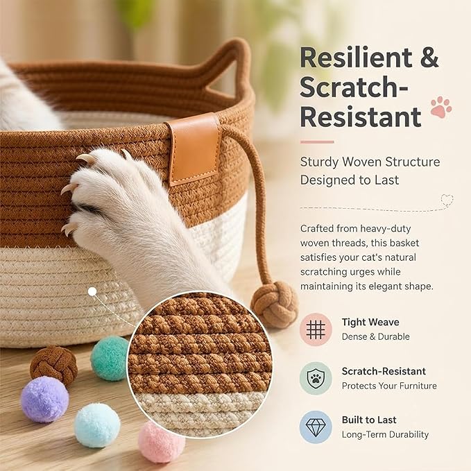 Instinct Basket for Cats,Cat Basket Bed with Cushion & Hanging Ball Toy,Handwoven Cotton Rope Cat Basket (Gray+Mat+Pillow,M(up to 17Lb))