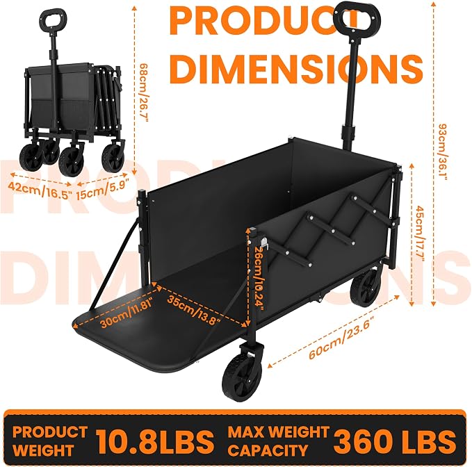 Foldable Wagon Cart 360 Lbs with Extension Part, Lightweight Portable Beach Wagon with Wheels, Large Capacity Pet Cart for Garden, Beach, Camping, Shopping (Black)