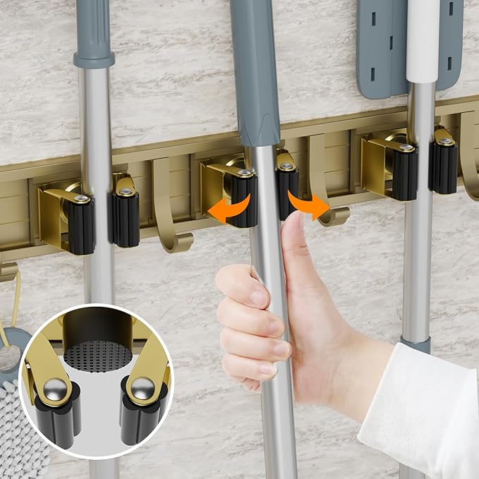 reliahom Broom Holder Wall Mount Mop Hanger Tools organizer 4Racks 5Hooks | Adjustable Mop Broom Wall Hanging Heavy duty Tools Storage Rack Space-saving for Garage,Kitchen,Laundry Room,Garden, Bronze