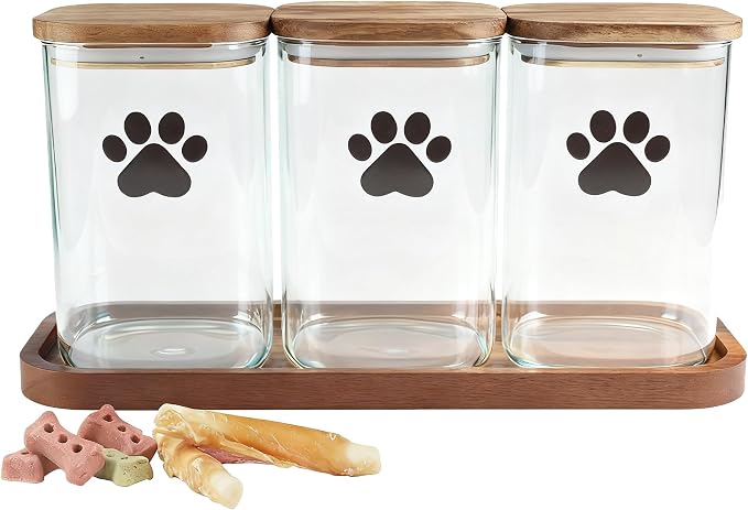 37oz Glass Dog Treat Jars Set of 3,Clear Dog Treat Container with Wooden Lids,Airtight Cat Treat Jar,Small Pet Treat Canister,Puppy Food Bin-Keep Fresh Crispy-Brown