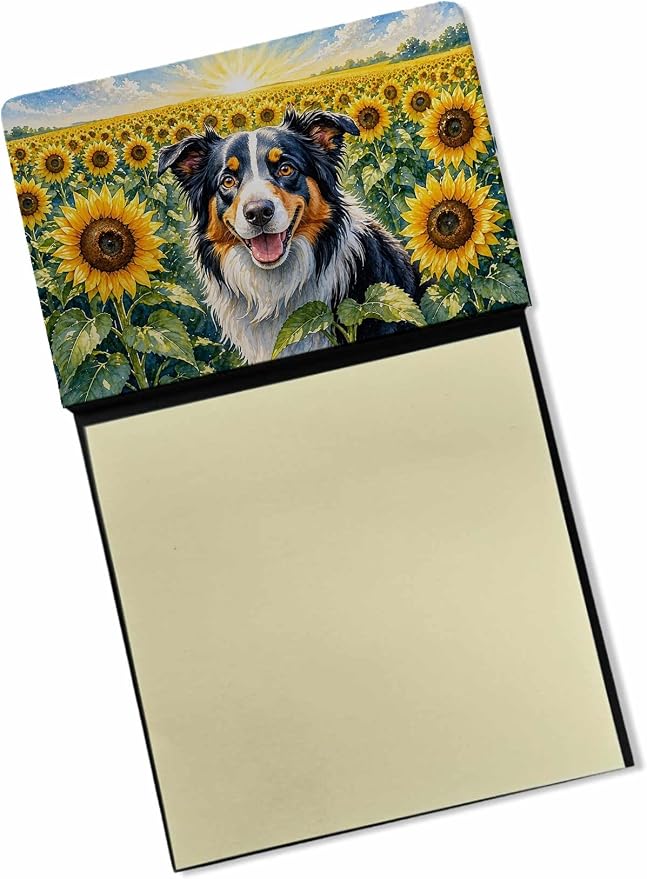 Caroline's Treasures Border Collie in Sunflowers Watercolor Sticky Note Holder Refillable Dispenser Desk Accessory 3x3 Pad Gift