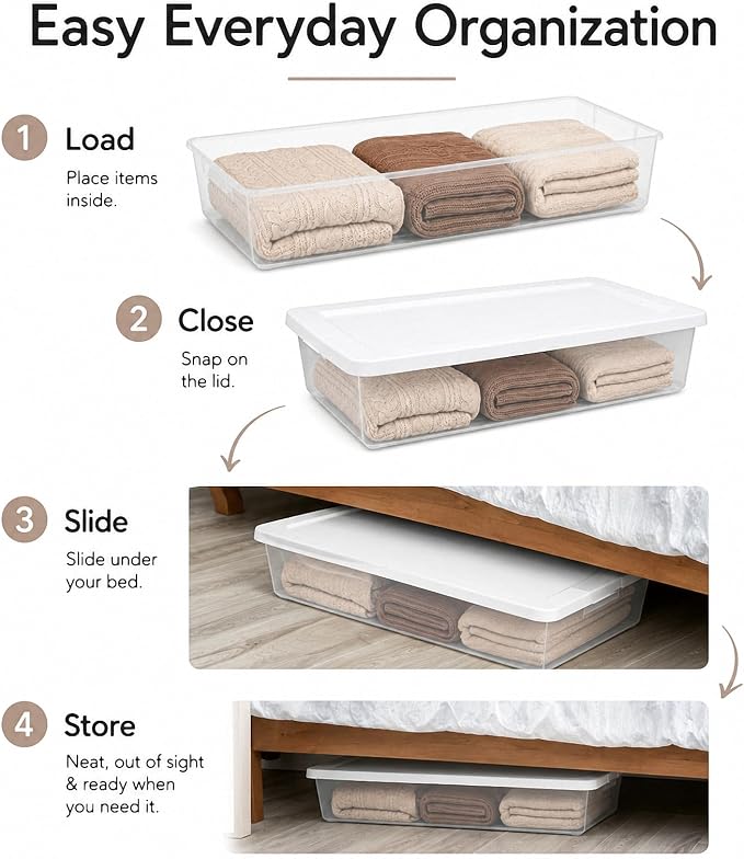 41 Quart Medium Storage Bin, Clear Plastic Underbed Storage (1-Pack) | Clear Body For Visibility, Low Profile Design, Container with Snap-On Lid, , Stackable, Underbed Fit, White