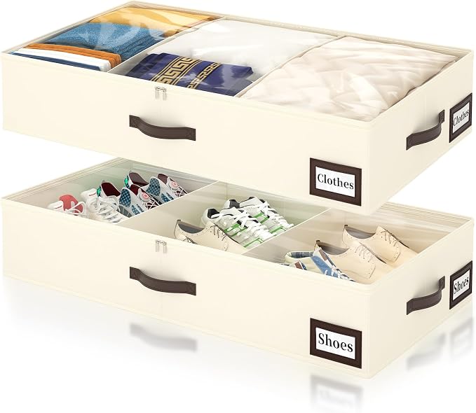 OIAHOMY 2 Pack 53L Under Bed Storage with Adjustable Dividers, 6" Low Profile Underbed Storage Bins for Comforters & Clothes, Save Closet Space with Clear View Lid & Reinforced Handles, Beige