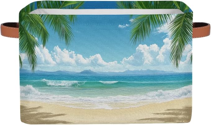 Summer Beach Palm Trees Storage Boxes Theme Storage Nursery Baskets with Handle Closet Collapsible Organizer Shelf Bins for Book Cloth 15 X 11 X 9.5 IN
