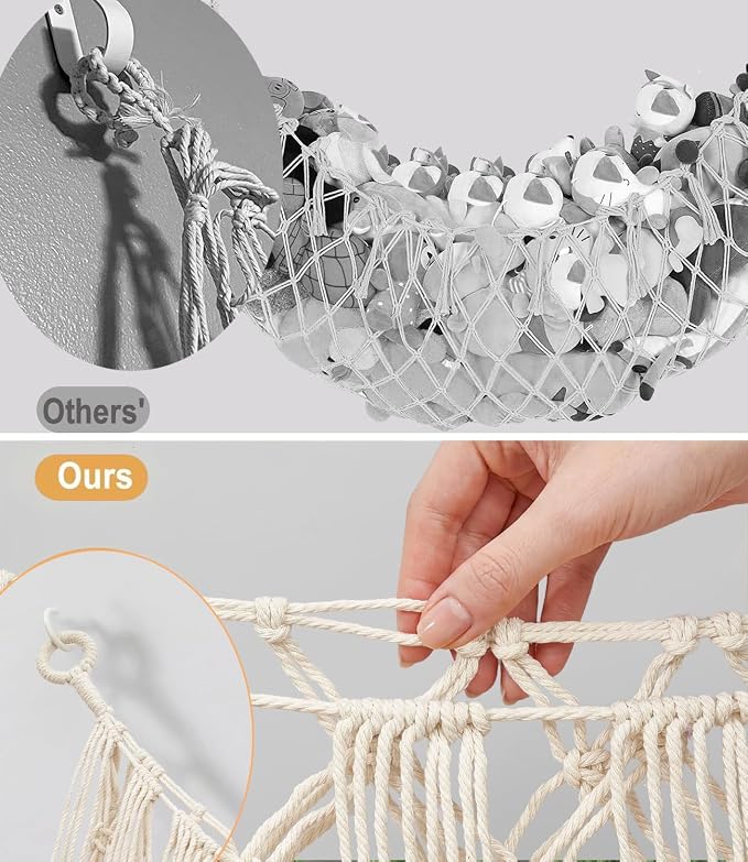 Stuffed Animal Net Hammock, Save Space Eliminate Clutter (white) | Premium Cotton Hand-knitted plush hammock, Boho Stuffed Animal Storage for Nursery, Bedroom Decor, playrooms