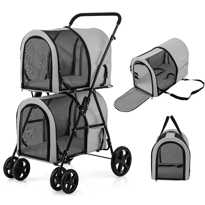 PETSITE Double Dog Stroller, Foldable Pet Stroller for 2 Dogs & Cats Small Medium Sized with Detachable Carrier on Wheels, Ideal for Car Seat Walking Camping Travel (Grey)