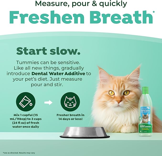 TropiClean Fresh Breath Oral Care Water Additive for Cats, 8oz - Dental Health Solution - Cat Breath Freshener - Plaque & Tartar Defense - Made in USA with Naturally Derived Ingredients