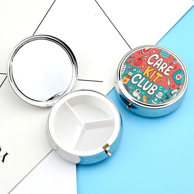 Care Kit Club Doodle Collage Round Pill Box with 3 Compartments, Portable Travel Pill Organizer with Spring Snap Closure for Vitamins Supplements Fish Oil