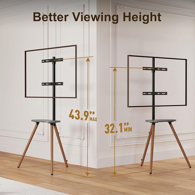 Tripod TV Stand for 43-65" TVs, Swivel, Black Walnut | Height-adjustable easel TV stand, wood media shelf, cable management and VESA up to 400x400