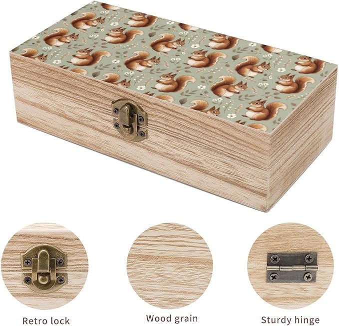 Wooden Keepsake Storage Box Memory Boxes with Hinged Lid, Squirrel Floral | Small Jewelry Craft Organizer Case, Decorative Wood Gift Box, Wedding Party Holiday Supplies, 9.2x5.5x3.9 Inch