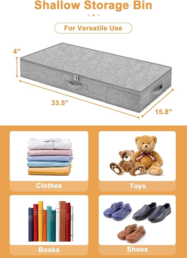 punemi 4 in High Sturdy Low Profile Under Bed Storage, 2 Pack, Grey | Shallow Clothes Storage Bins with Sturdy Side & Bottom, Slim Design,for Under Bed, Couch, Sofa, Crib & Dresser