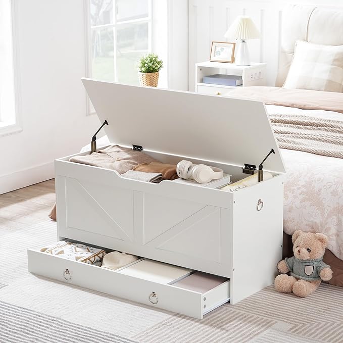 HOOBRO Storage Chest, 39.3" Toy Chest with Drawer, Wooden Storage Bench, Sturdy Entryway Bench Supports 220 lb, Shoe Bench, Safety Hinge, U-Shaped Opening, Easy Assembly, White WT710CW01G2