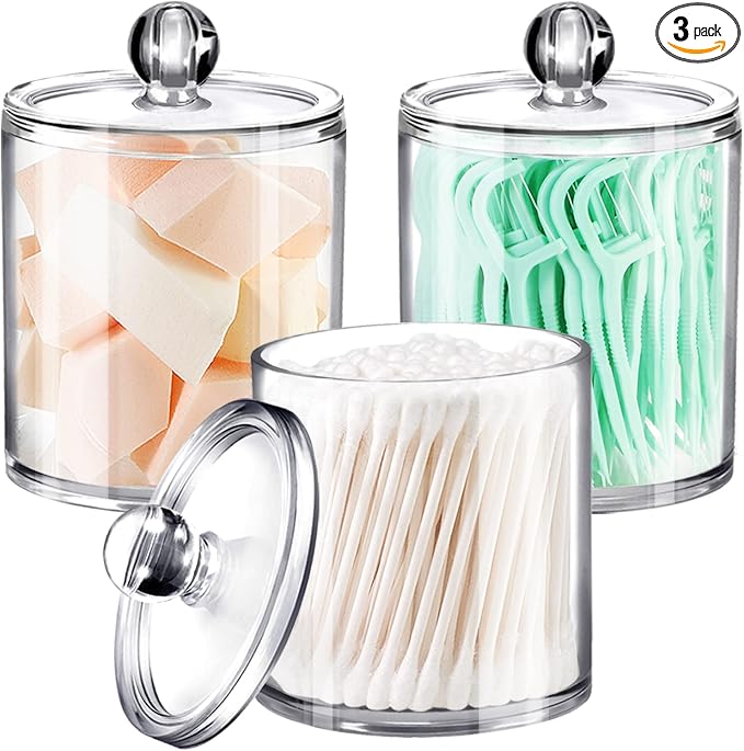 SheeChung 3 Pack Acrylic Qtip Holder with Labels, Qtip Jars for Bathroom | Shatterproof Plastic Apothecary Jars for Bathroom Organization – Vanity Cotton Swab Holder for Cotton Balls,Pads,Floss Picks