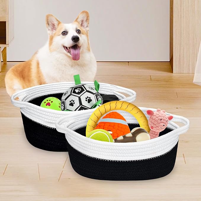 ABenkle Small Basket with Handles, Boho Decorative Rope Woven Dog Cat Toy Storage Bin Shelf Storage Organizer, Easter Christmas Gift Basket, 12"x8"x5"