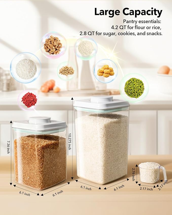Ankou Food Storage Container Sets, 2.8 Qt + 4.2 Qt *2 Airtight Canisters with Lids and 130ml Scoop, BPA-Free Plastic Pantry Containers for Flour, Sugar, Rice