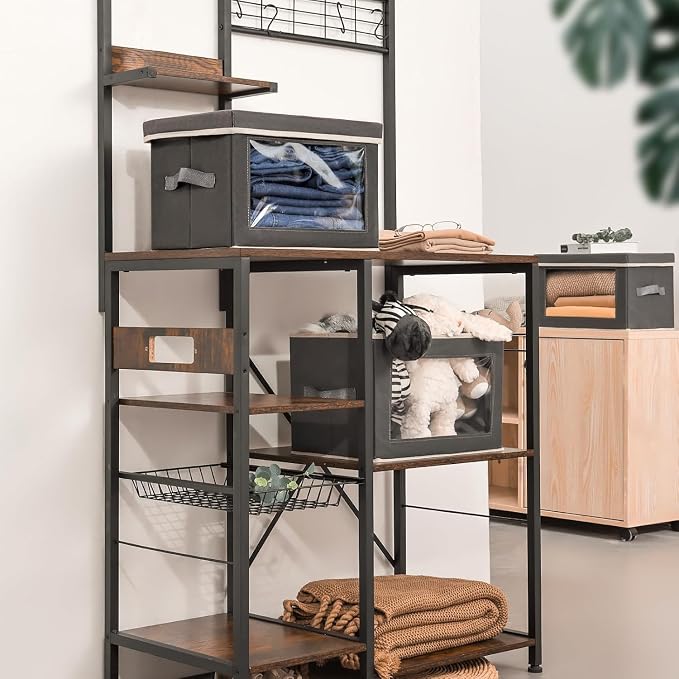 Stackable Storage Bins with Lids - Medium Storage Box with Lids, Foldable Closet Boxes for Organizing, Wardrobe Clothes Organizer with Window, Cubes Bins for Living Room, 4 Pack, Dark Grey