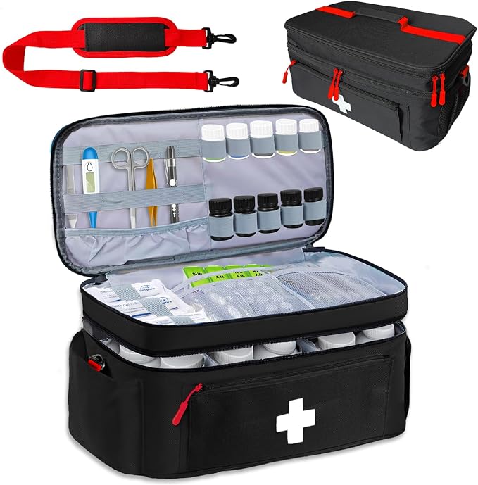 2-Layer First Aid Bag Empty 15¾”x 9½”x7” Medical Bag Large Pill Bottle Box Portable Emergency Bag for Outdoor Travel & Home Use, Medicine Kit Organizer Case with Shoulder Strap (Black)