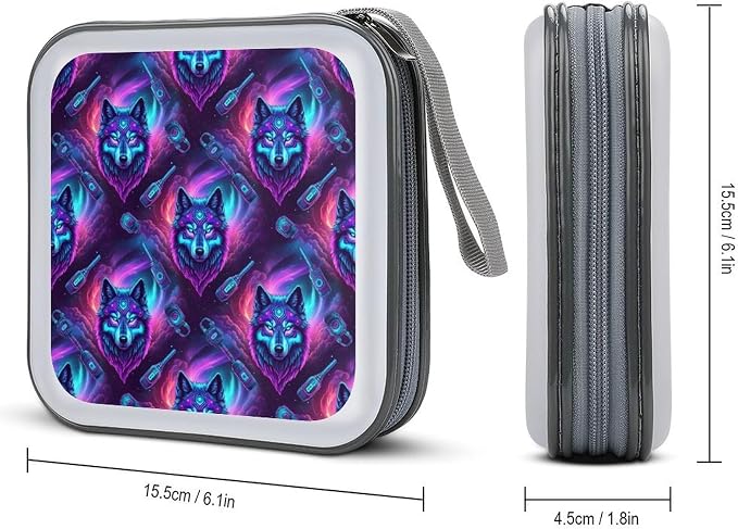 Hard Plastic CD/DVD Organizer Moon Galaxy Wolf, 40-Disc Storage Binder with Zipper, Portable Protective Case for Car Office