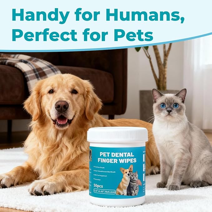 Pet Teeth Cleaning Finger Wipes for Cats and Dogs, Unscented Tartar Control with Tea Polyphenol, Fresh Breath, 50 Count