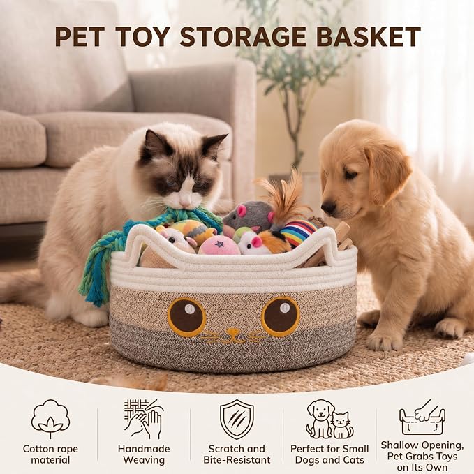 Small Round Cat Toy Basket,Cotton Rope Storage Basket for Living Room,Brown | Cute Decorative Dog Toy Basket, Toy Bin for Baby, Pet, Gift Basket for Halloween, Baby Shower , 13.4"×13.4"×5.9"