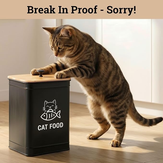 Metal Cat Food Container with Scoop 5-7 lb (25 Cup), w/ Airtight Bamboo Lid | Cat Kibble Canister with Metal Scoop, 25 Cups, Chew Proof Iron Body, Powder Coated, Airtight Bamboo Lid, Sturdy Metal Handle