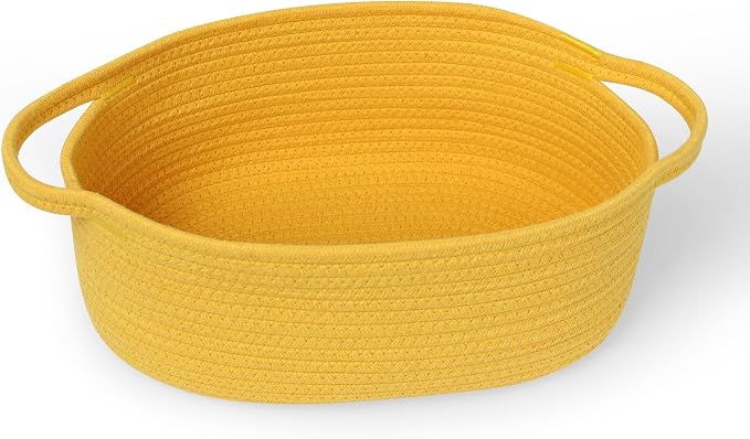 Yellow Woven Basket, 13" x 9" x 5" Baskets for Gifts Empty, Cute Cotton Rope Cat Dog Toy Bin Box, Small Woven Bin for Organizing, Yellow Room Decor, Nursery Cloth Diaper Storage Organizer