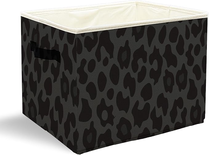 Black Leopard Print Storage Bins with Handles, Cheetah Print Room Decor, Trendy Leopard Collapsible Laundry Basket Storage Box for Home Bedroom Bathroom Clothes Toys Books
