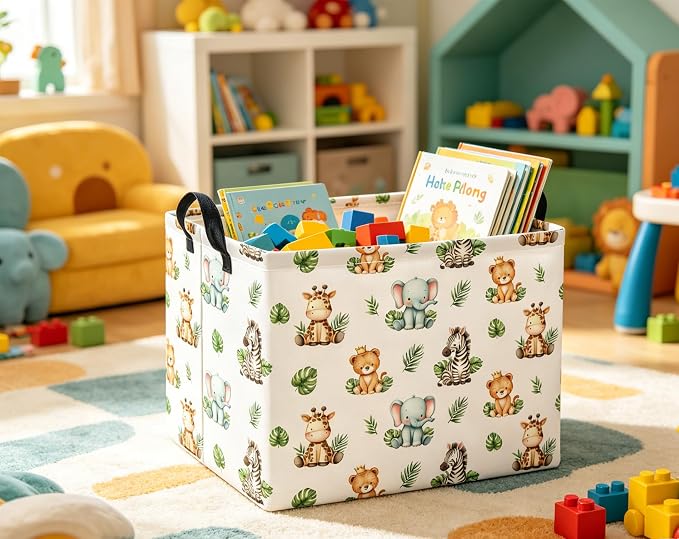 Rectangular Kids Basket Baby Girl Basket Fabric Storage Bin Organizer Box Room Decor(Leaf Animal)