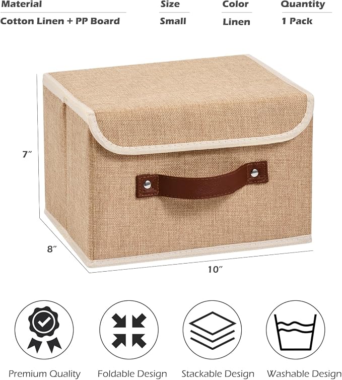 Storage Boxes with Lids Cotton Linen Fabric Bins Baskets | Decorative Collapsible Washable, Clothes Container Organizer for Closet Shelf, w/ Faux Leather Handles, Linen Color, Small