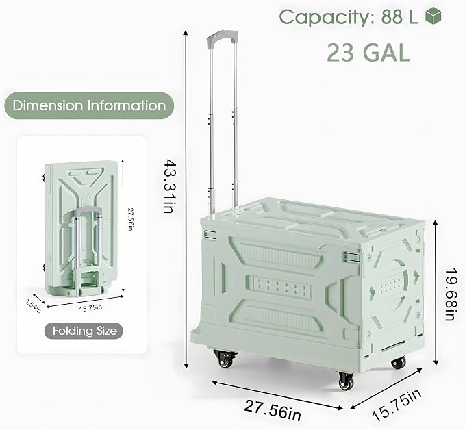VECELO 88LHeavy-Duty 2-in-1 Foldable Utility Cart, Large Capacity Rolling Crate, Thickened Material with Silent Swivel Wheels, Dual Modes (Basket/Flatbed) for Grocery, Laundry, Camping, Green