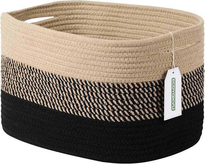 ECDYQXVU 15x10x9 Inch Woven Cotton Rope Storage Basket, 1 Pack | Foldable Design, Built-in Handles, Space-saving Organizer for Living Room, Bedroom, Laundry, Shelves, Clothes, Towels