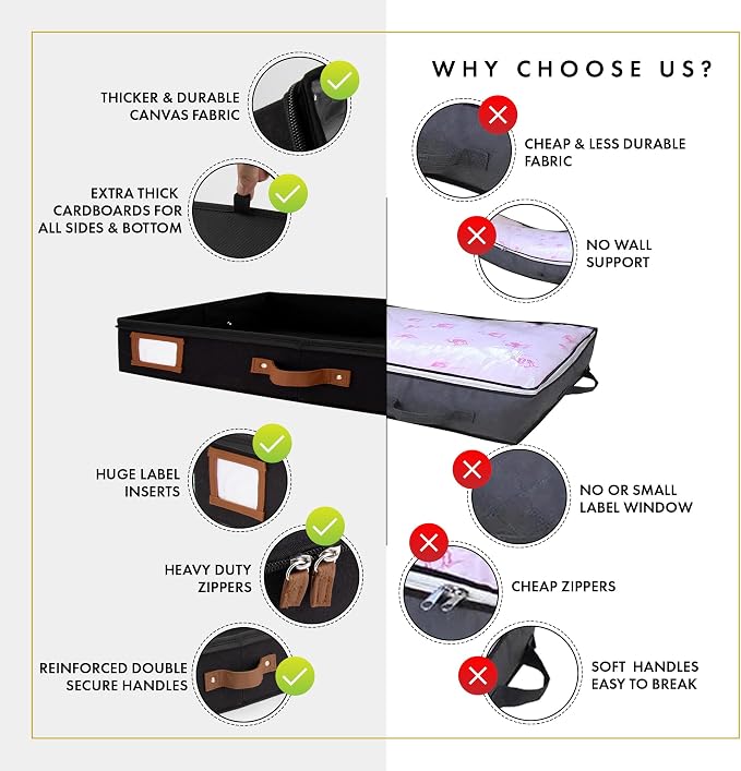 HOMELUX THEORY Under Bed Storage, Low Profile 2pc with Lid, Black | Slim fit for low-clearance beds & couches, Fits seasonal clothes, blankets & shoes, Bins with lids, Space-saving storage