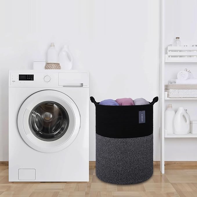 COMSE Tall Woven Blanket & Laundry Basket, 72L, Black | 15.7”x 21.7”, Cotton Rope, Large Nursery Hamper for Storage of Toys Clothes Towels, Great for Living Rooms Bedrooms Bathrooms