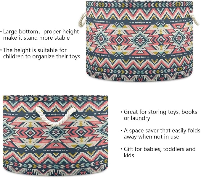 Pink Aztec Print Collapsible Round Storage Basket with Handles | Ethnic Tribal Navajo Large Laundry Baskets Hamper, Clothes Organizer Bin for Bedroom Living Room Decor, 20x 20x 14 Inches