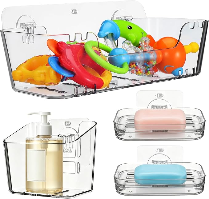 Wakauto 4 Pack Clear Wall Mounted Bath Toy Organizer & 2 Soap Dishes | Bathtub toy holder basket, adhesive shower caddy, kids bathroom storage, easy drainage design