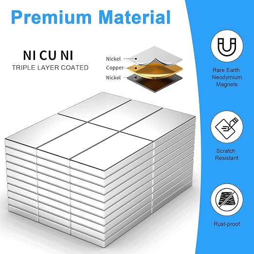 60 Pack 20x10x2 mm Rare Earth Neodymium Magnets | Powerful Small Strong Metal Rectangular Bar Magnetic Strip Magnet for Fridge Garage Kitchen Science Craft Office, Silver