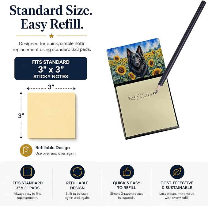 Caroline's Treasures Belgian Sheepdog in Sunflowers Watercolor Sticky Note Holder Refillable Dispenser Desk Accessory 3x3 Pad Gift