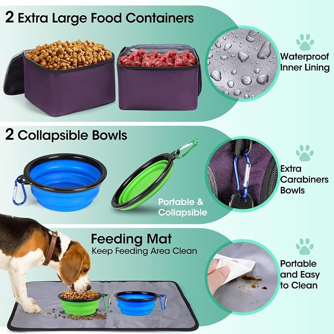 IGOLUMON Dog Travel Bag Large Waterproof Pet Travel Bags Set for Supplies | Weekend Travel Kit Tote Organizer Multi-Pocket Food Travel Bag with 2 Extra Large Food Containers, 2 Dog Bowls, 1 Feeding Mat