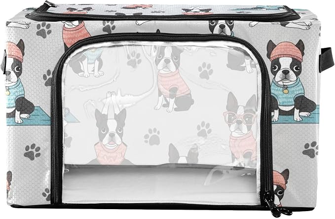 Cute Pets Dog Gray pattern Under Bed Storage Containers with Double Zipper Openings, Foldable Clothes Storage Bins with Clear Window and Handles for Bedding Comforters Blankets