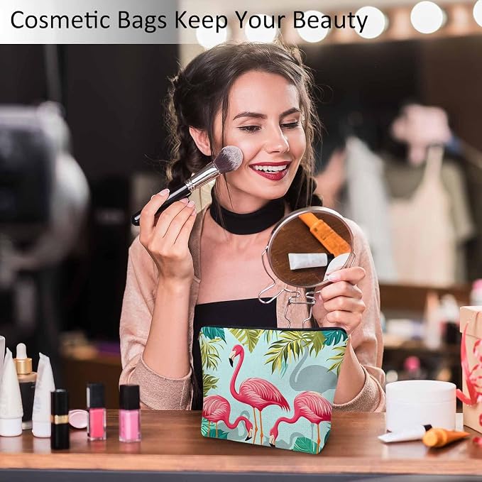 Women Makeup Organizer Bag Flamingo Exotic Flamingo Tropical Palms Flax Cosmetic Bag Makeup Bags Toiletry Bag Accessories Organizer Travel Bags For Home Bathroom Office Hotel Gym Pink Green
