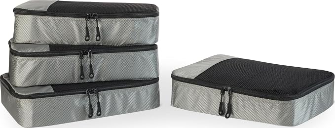 Amazon Essentials 4-Piece Packing Cubes Travel Accessories Set, Space-Saving Luggage Organizer with Double Zipper, Mesh Top Panel, Medium, Gray (Previously Amazon Basics)