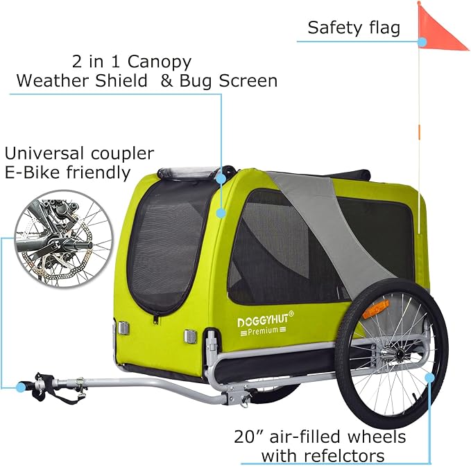 DOGGYHUT® Premium XL Pet Bike Trailer, Up to 100 lbs (Lime Green) | Bicycle Trailer for Small Medium or Large Dogs, Dog Bicycle Carrier, Low Center of Gravity, Folding Frame Cart
