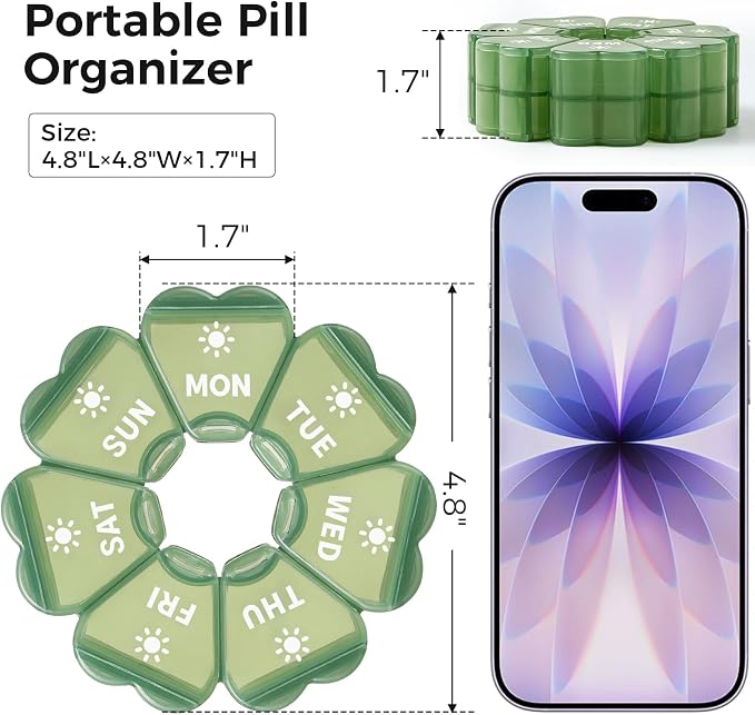 LANDNEOO Weekly Pill Organizer 2 Times a Day, Cute Double-Sided AM PM Pill Case 7 Day, Green Travel Pill Box for Medication, Vitamins, Fish Oils, Supplements - Green