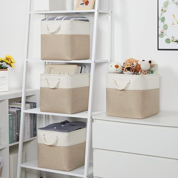 Temary Cube Storage Bins 11 x 11 Fabric Storage Baskets 4 Pack Storage Cubes Baskets for Gift Empty, Cube Organizer Bins Cloth Basket for Storage (White&Khaki)